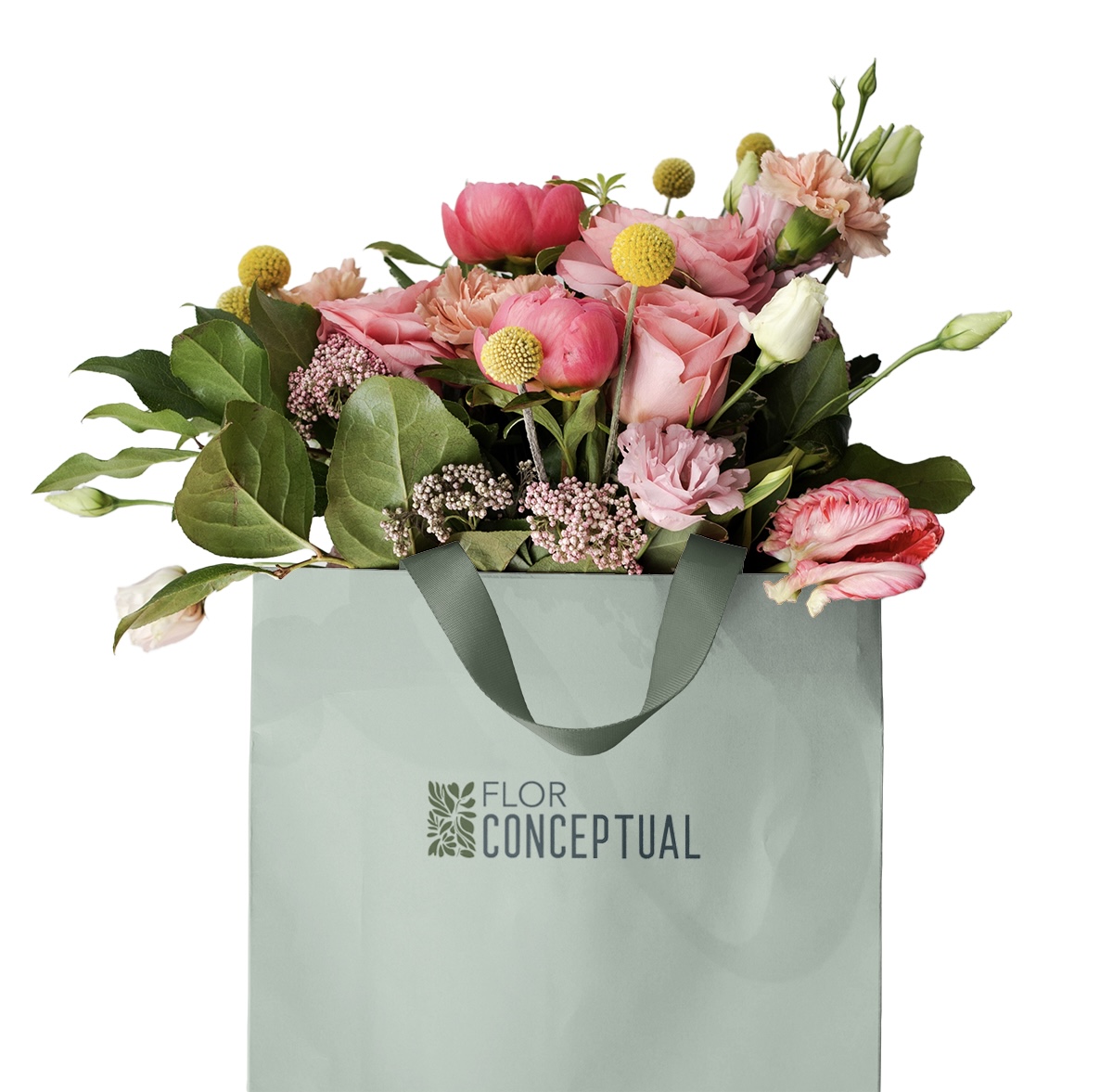 Bouquet of pink and yellow flowers in a Flor Conceptual bag.
