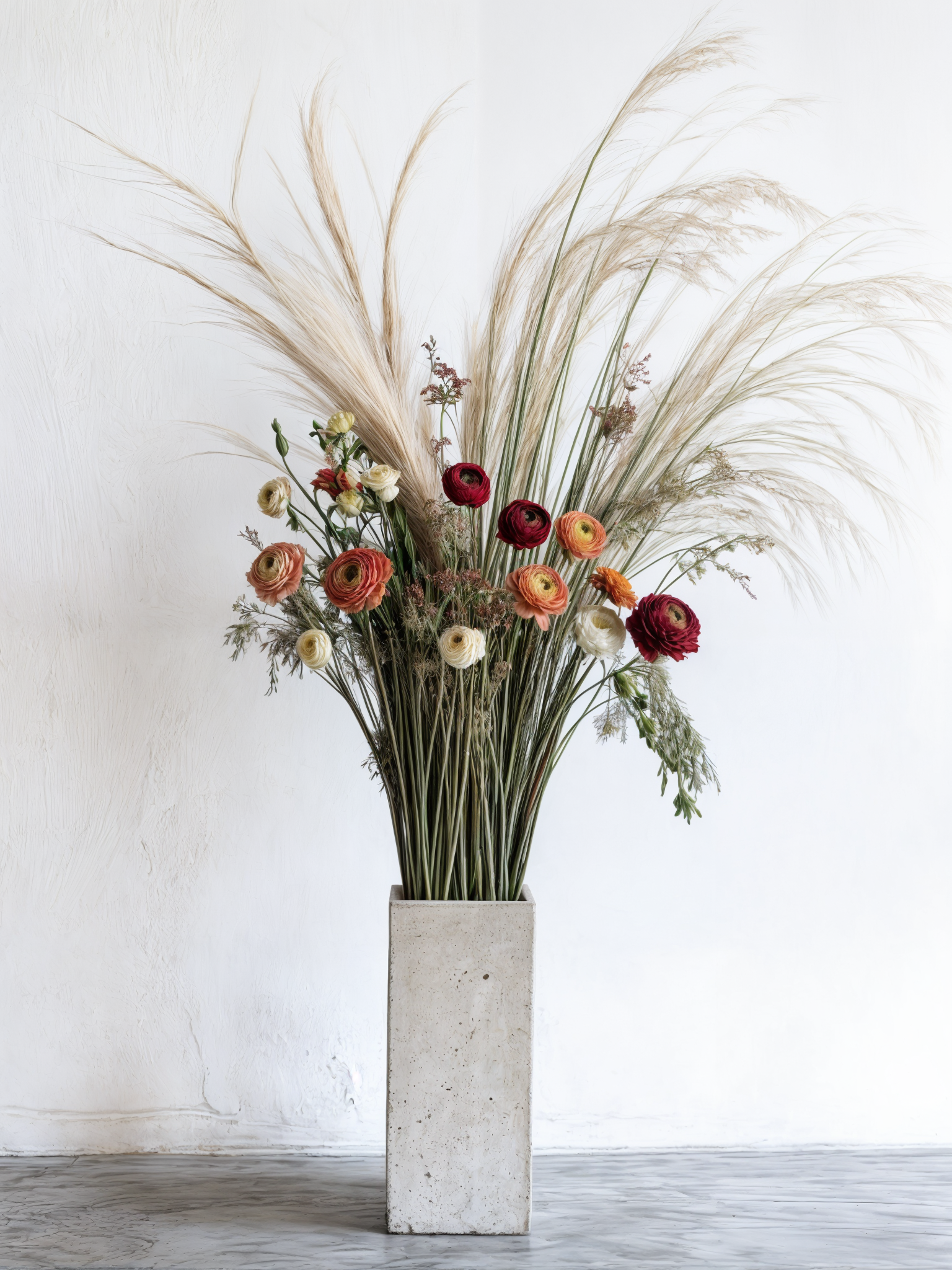 Tall vase with pampas grass and colorful flowers against a white wall.