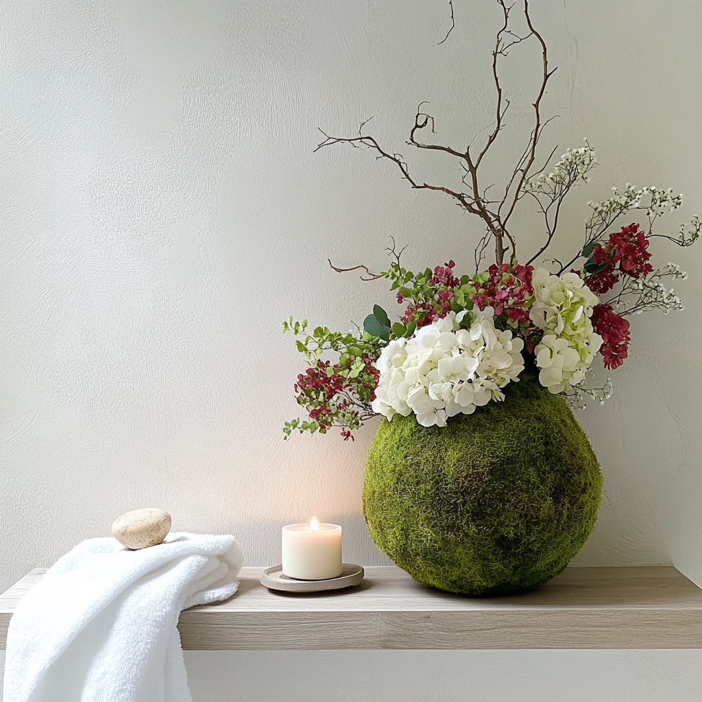 Moss-covered vase with flowers, candle, towel, and stone on a wooden shelf.