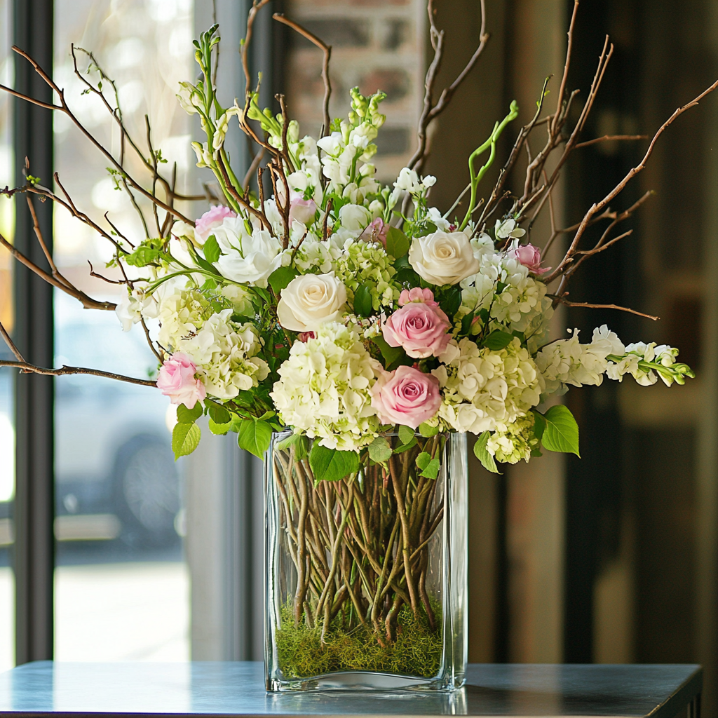 Floral arrangement with pink and white roses in a glass vase with branches.