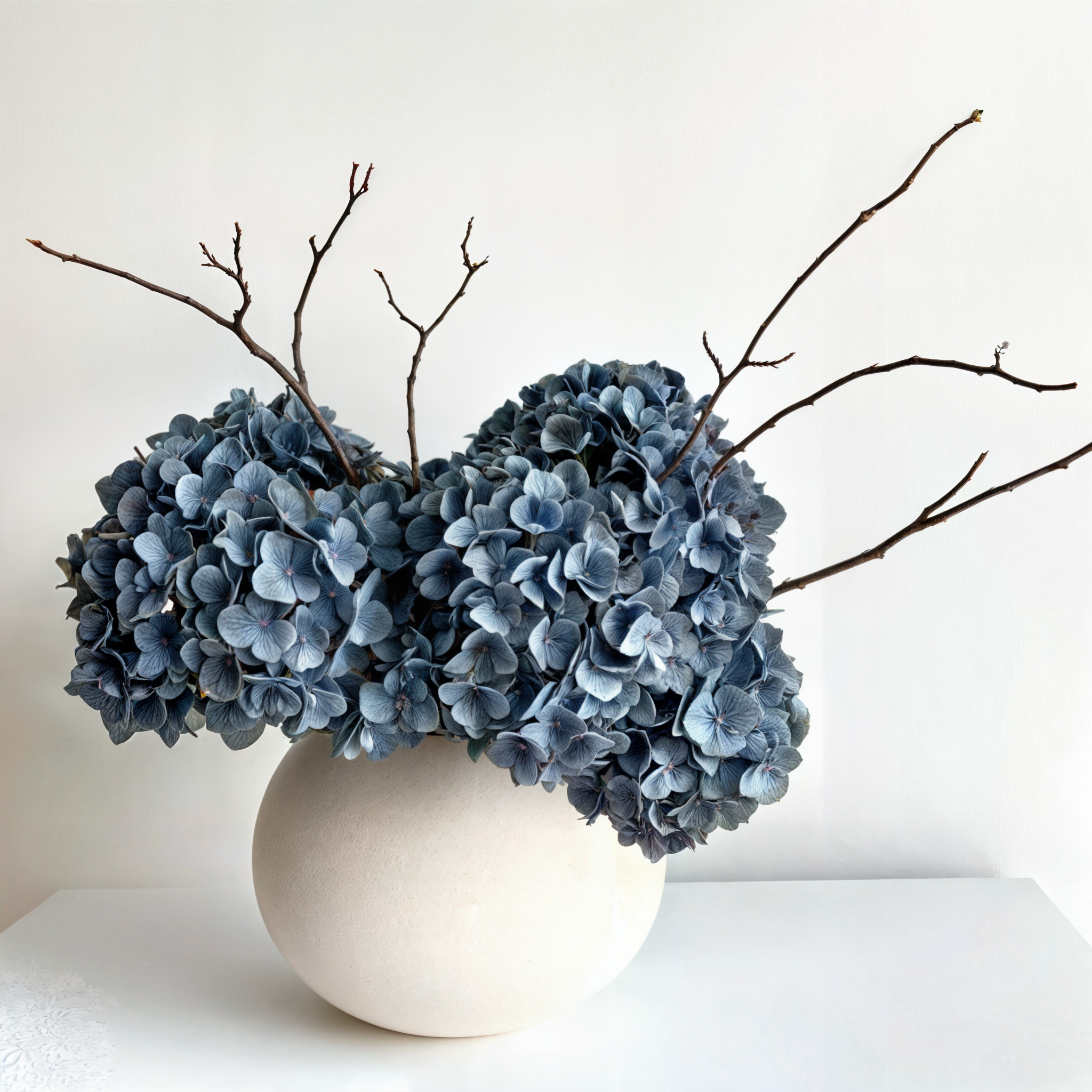 Blue hydrangeas and branches in a round white vase on a white surface.