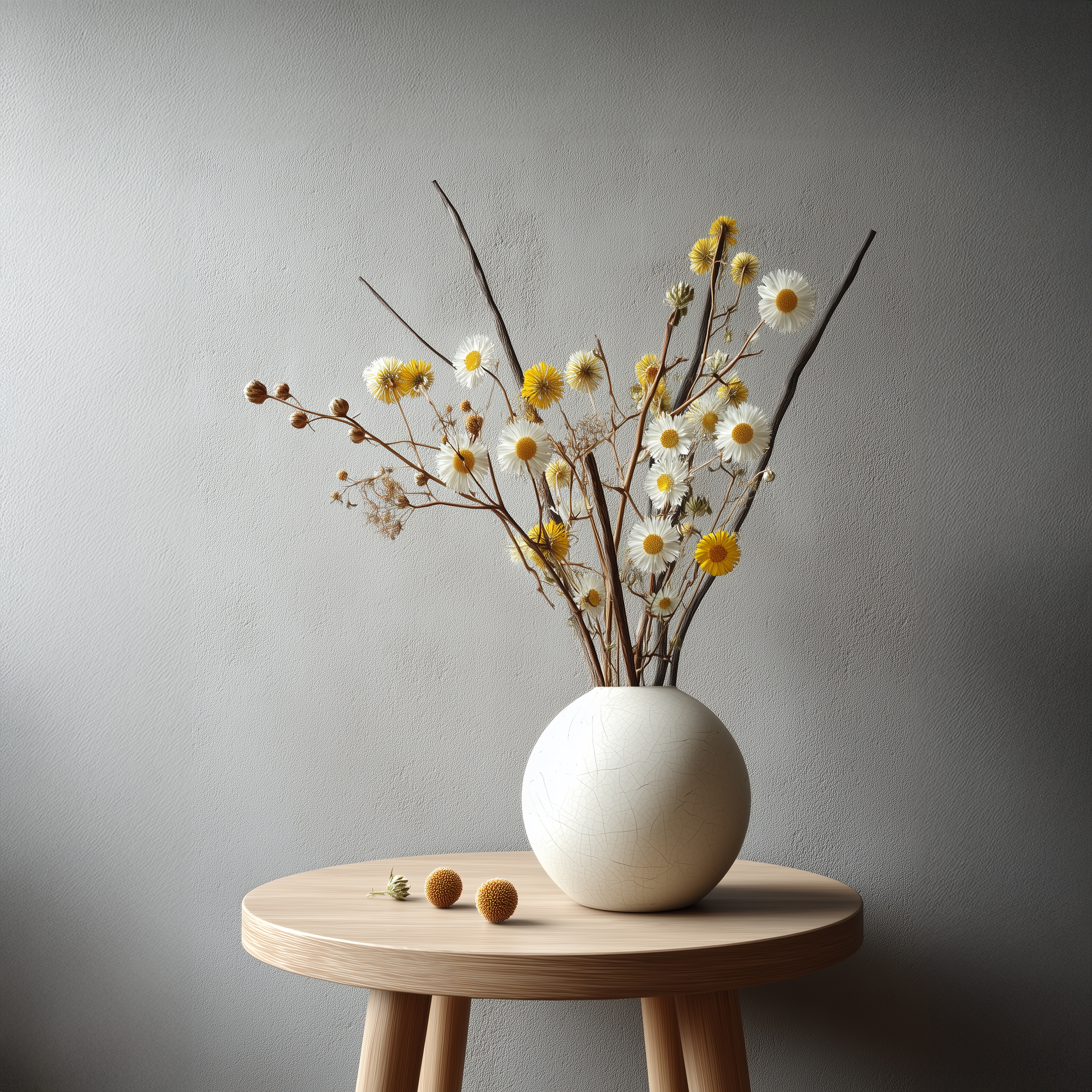 White vase with yellow and white flowers on a wooden table.