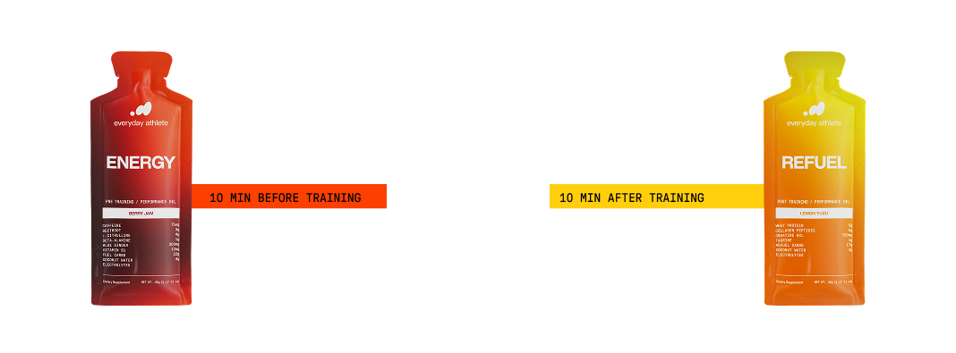 Two sports supplement packets labeled 'Energy' and 'Refuel' with benefits listed in between.