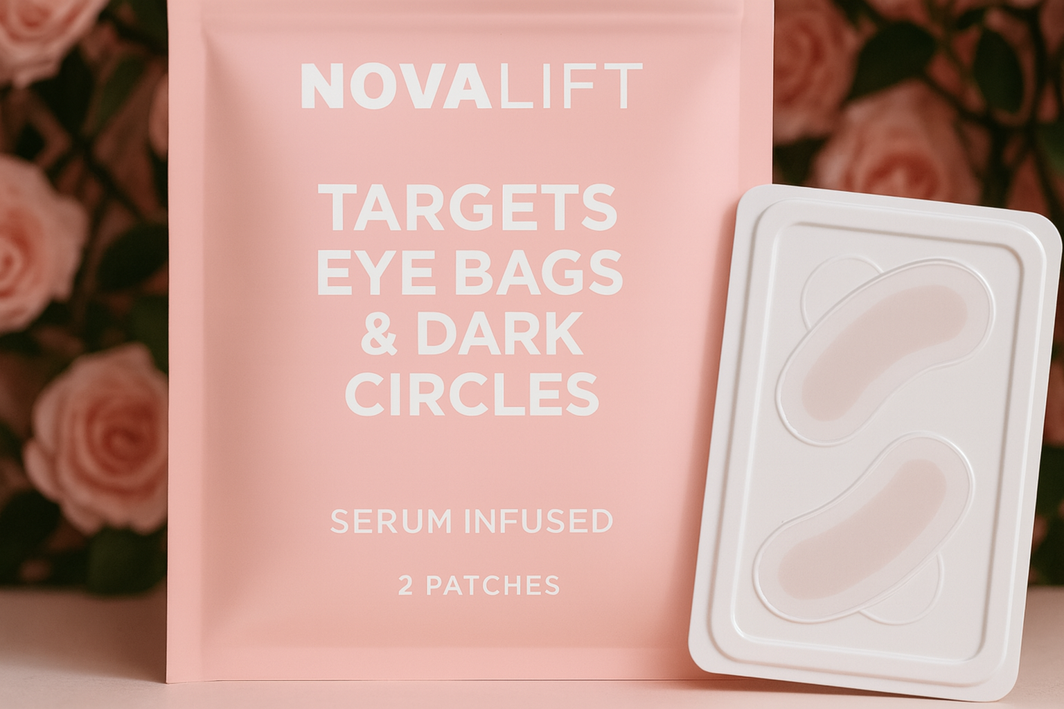 Pink packaging with eye patches, roses in the background.