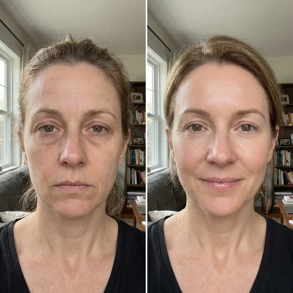 A side-by-side comparison of a woman's face before and after applying makeup, showing a more even skin tone.