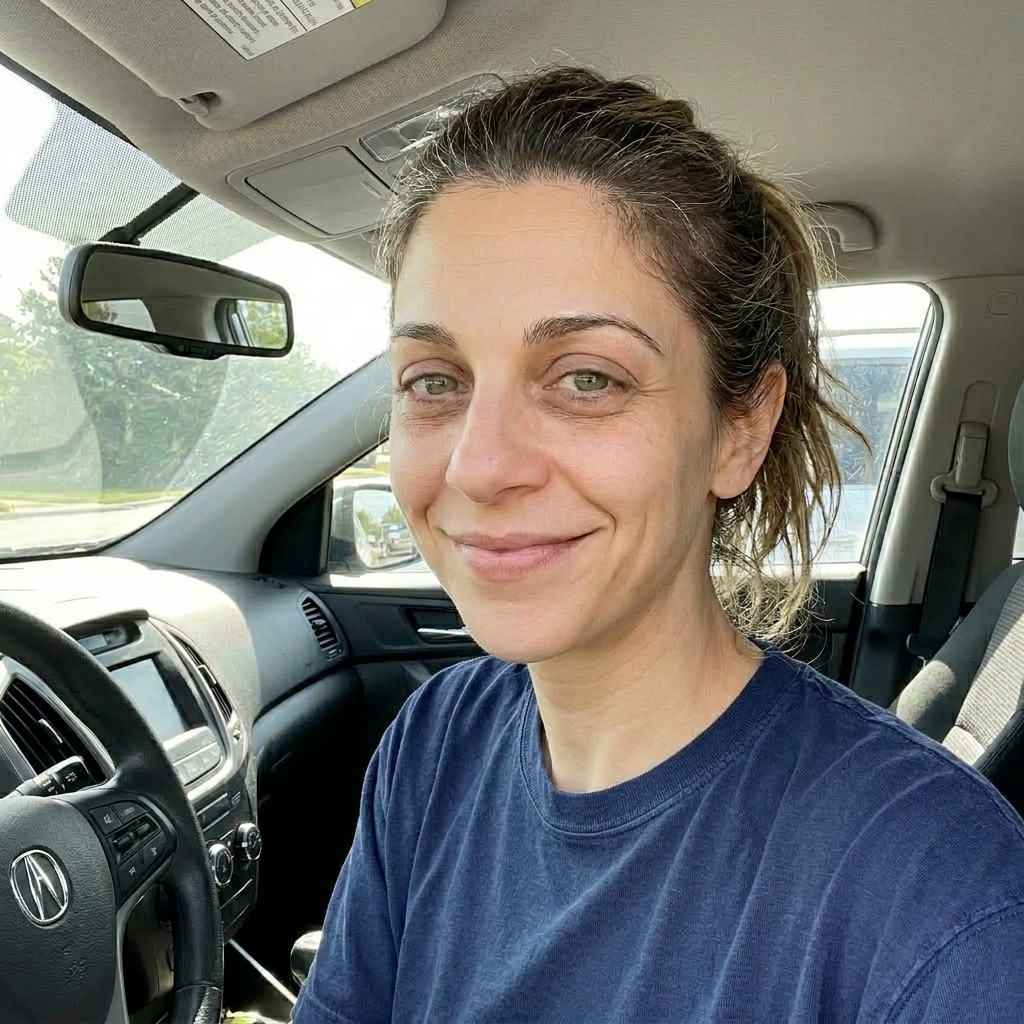 A woman with light brown hair in a blue t-shirt smiles while sitting in the driver's seat of a car.