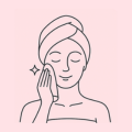 Line drawing of a person with a towel on their head, wiping face with a cloth.