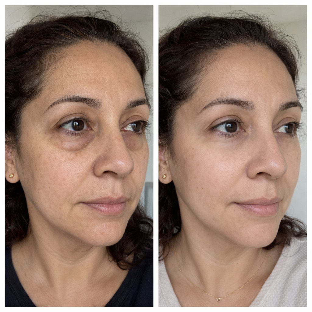 A side-by-side before and after image of a woman's face, showing a reduction in under-eye circles.