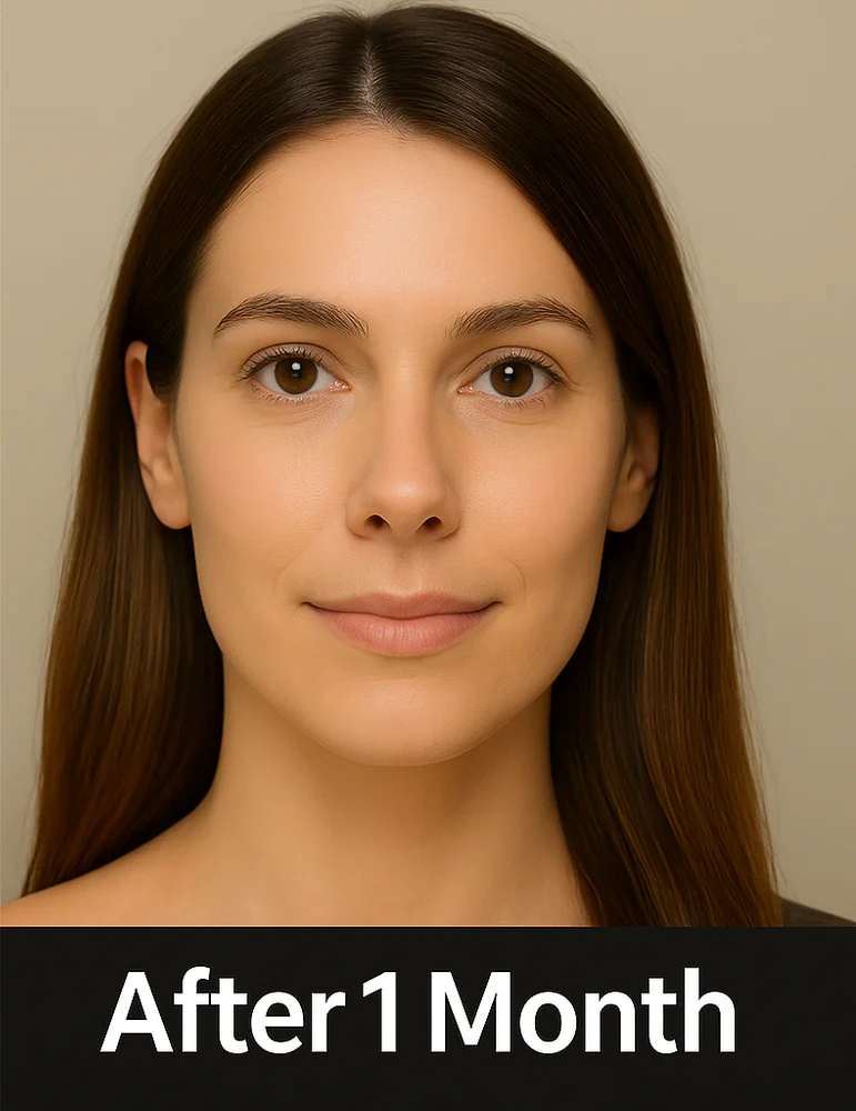 Woman with long hair, neutral expression, and text 'After 1 Month' below.
