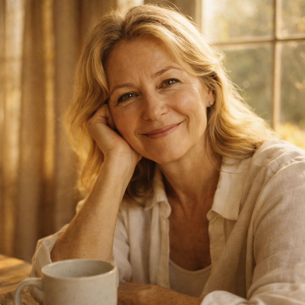 A woman with curly gray hair in a blue sweater sits at a table by a window, smiling.