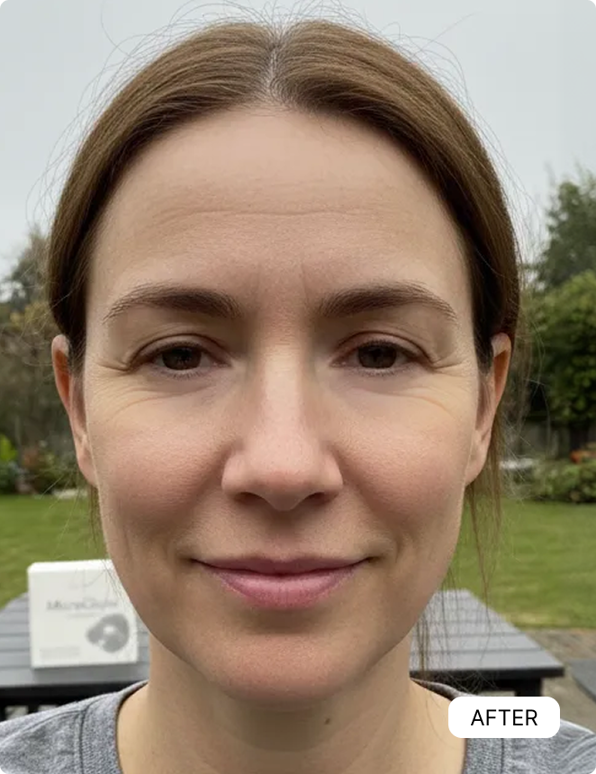 A close-up photo of a woman's face from the front, smiling slightly, with an 'AFTER' label.