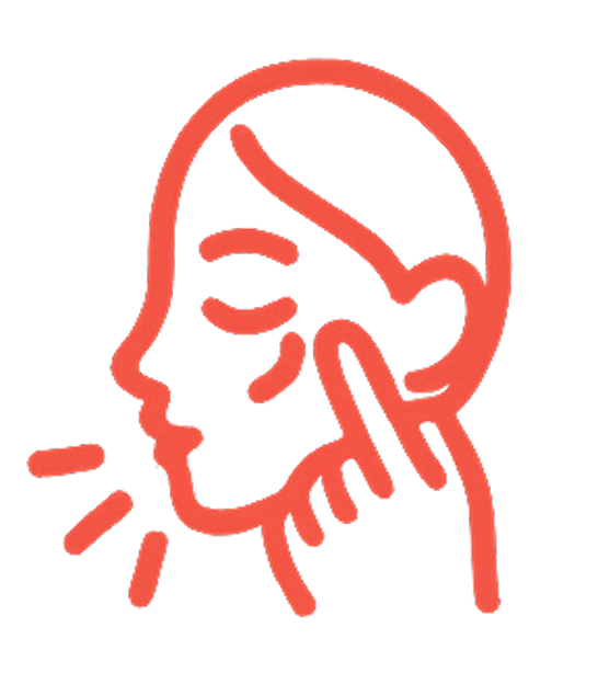 Red line drawing of a person's face and hand touching cheek.