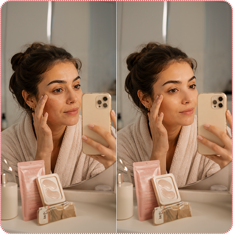 A before and after image of a woman in a bathrobe applying product under her eye.