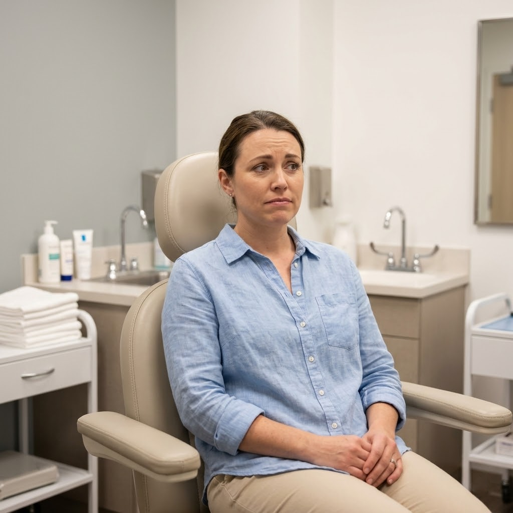 A woman with a worried expression sits in a medical examination chair in a clinic room.