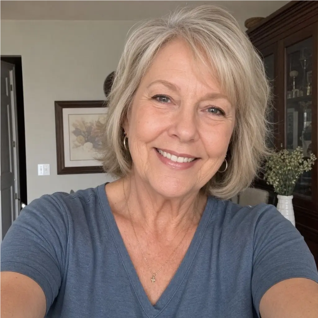 A smiling woman with short, graying blonde hair, wearing a blue v-neck shirt and a cross necklace.