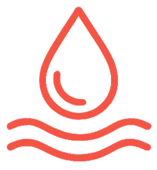 Red water droplet icon with wavy lines beneath.