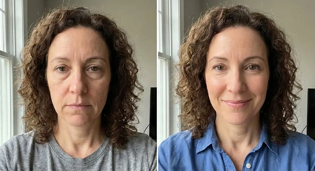 A side-by-side before and after comparison of a woman's face, showing a refreshed appearance on the right.