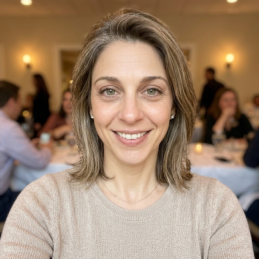 A woman with light brown hair and green eyes smiling at the camera in a restaurant setting.