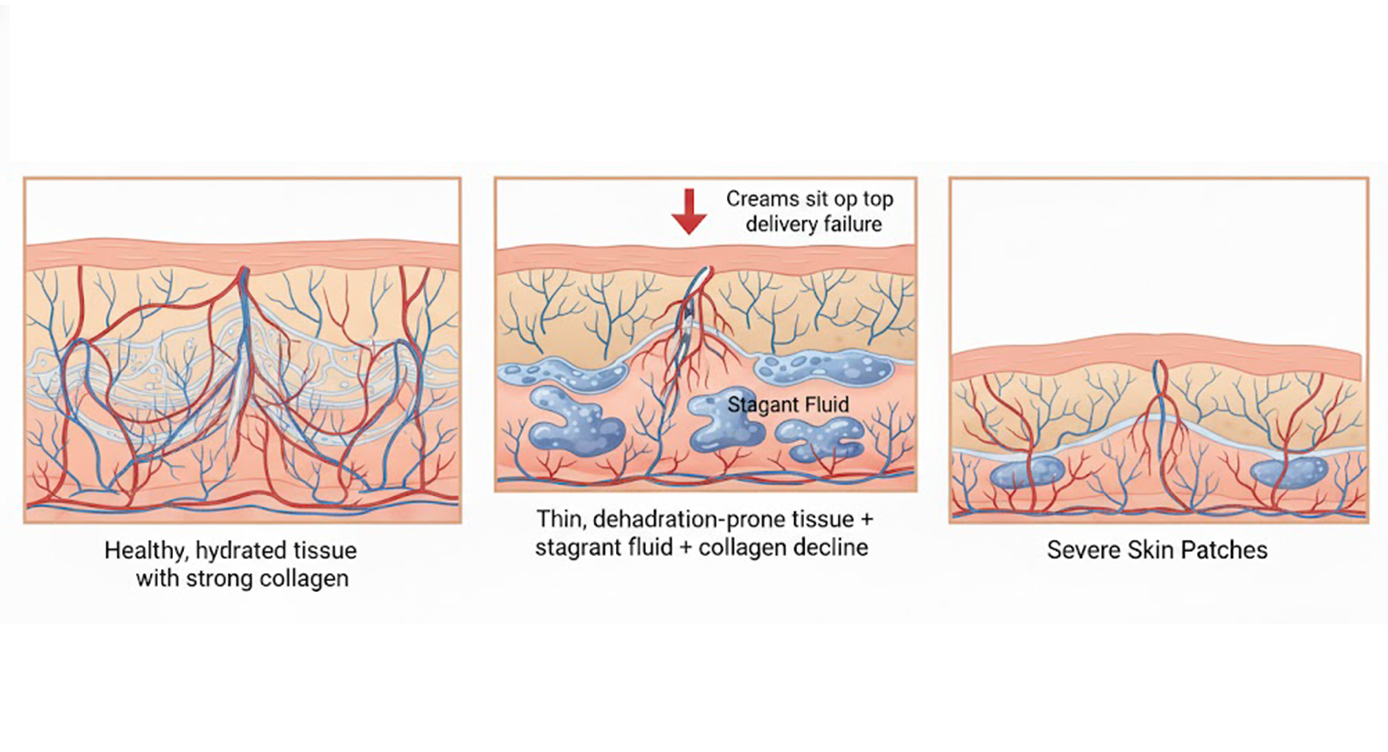 Three diagrams showing skin tissue with different hydration and collagen levels.