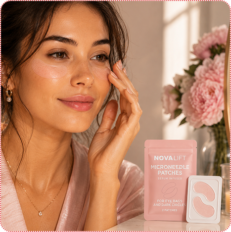 A woman applies pink under-eye patches, with the Novalift Microneedle Patches product and packaging shown beside her.