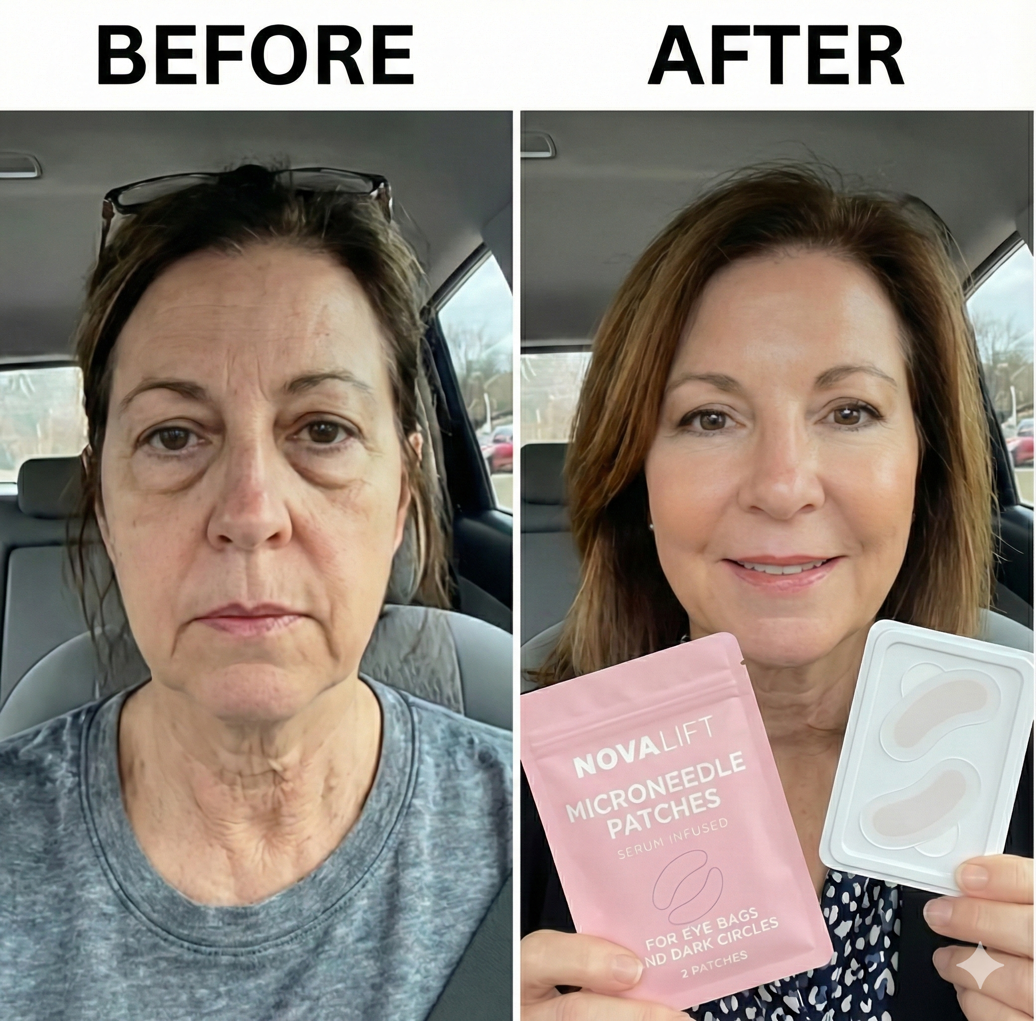 A before-and-after photo of a woman showing reduced under-eye bags, holding the microneedle patches she used.
