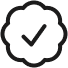 Black checkmark inside a scalloped circle.