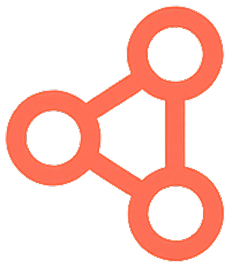Red abstract geometric symbol with three interconnected circles.