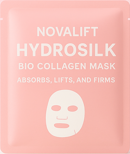 Pink packaging with text for Novalift Hydrosilk Bio Collagen Mask.