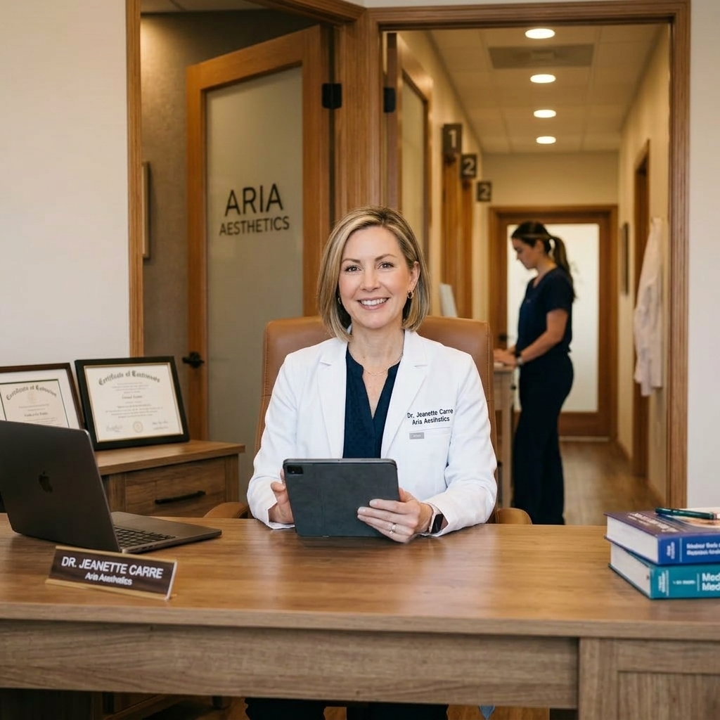 Dr. Jeanette Carre sits at her desk in a white lab coat, smiling at the camera.