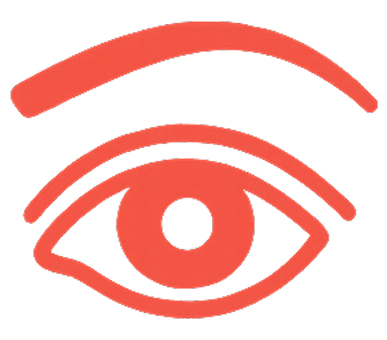 Red minimalist drawing of an eye with an eyebrow.