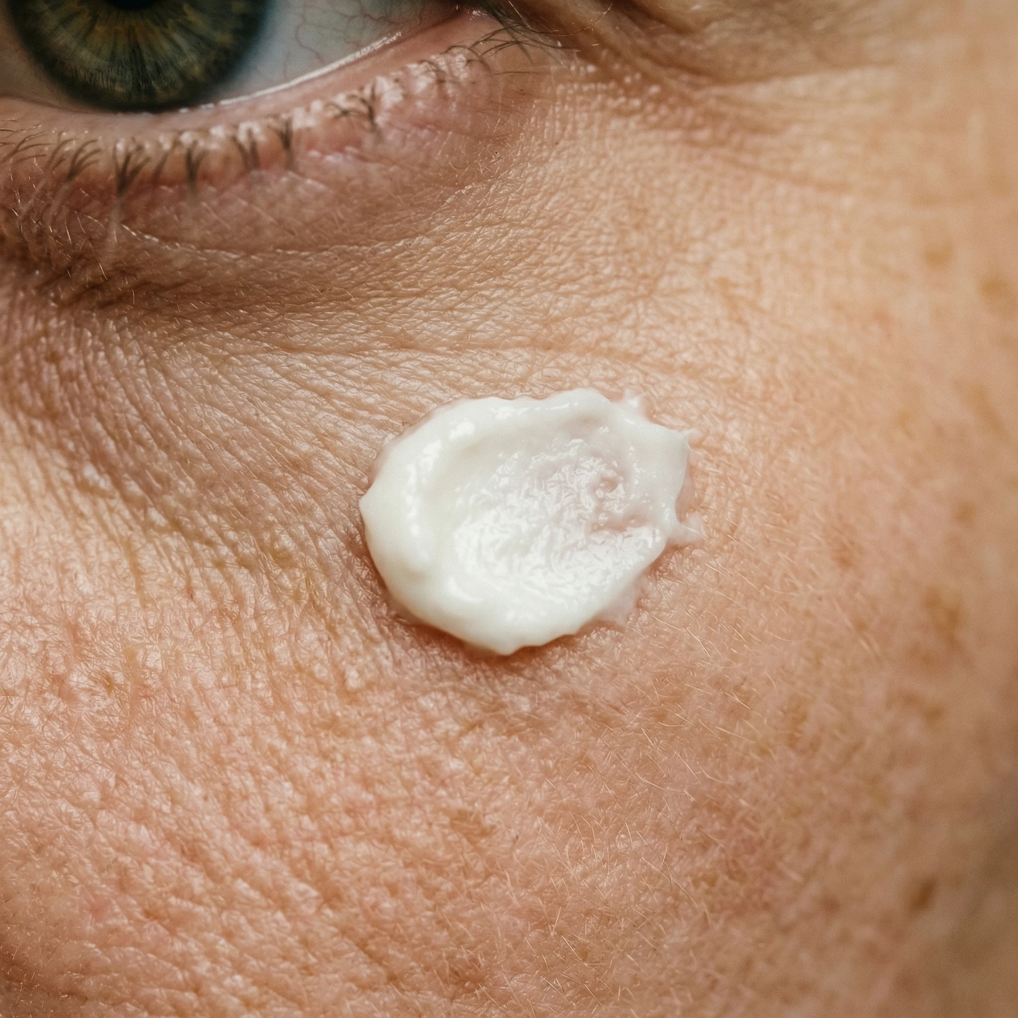 A close-up shot of a person's eye with a dab of white cream on the skin underneath.