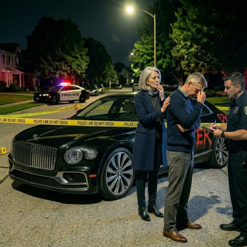 A police officer speaks to a distressed couple next to their vandalized car at a nighttime crime scene.