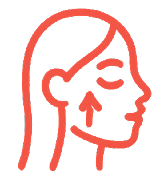 Red outline of a woman's profile with an upward arrow on her cheek.