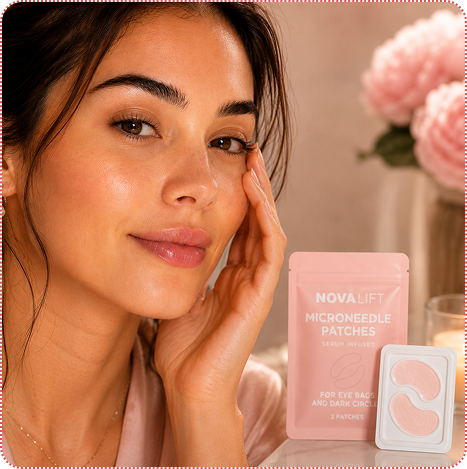 A woman with glowing skin touches her face next to a package of Novalift microneedle under-eye patches.