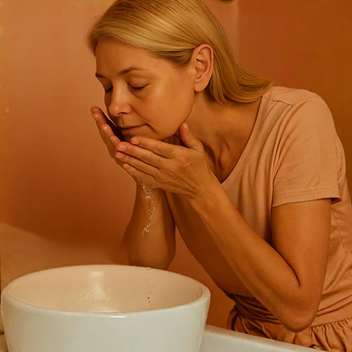 A woman with her eyes closed washes her face with water over a sink.