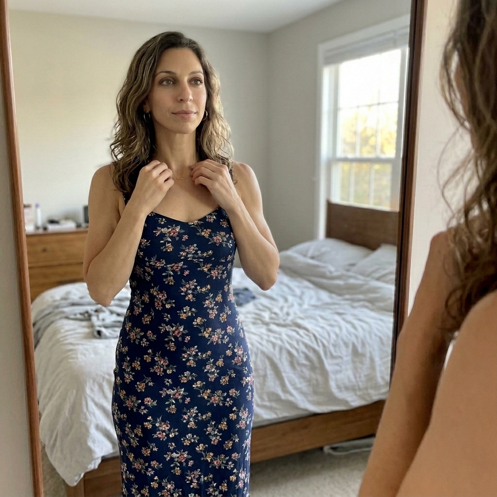 A woman in a navy blue floral dress looks at her reflection in a bedroom mirror.