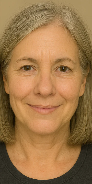 Smiling woman with gray hair and a black shirt in a close-up portrait.