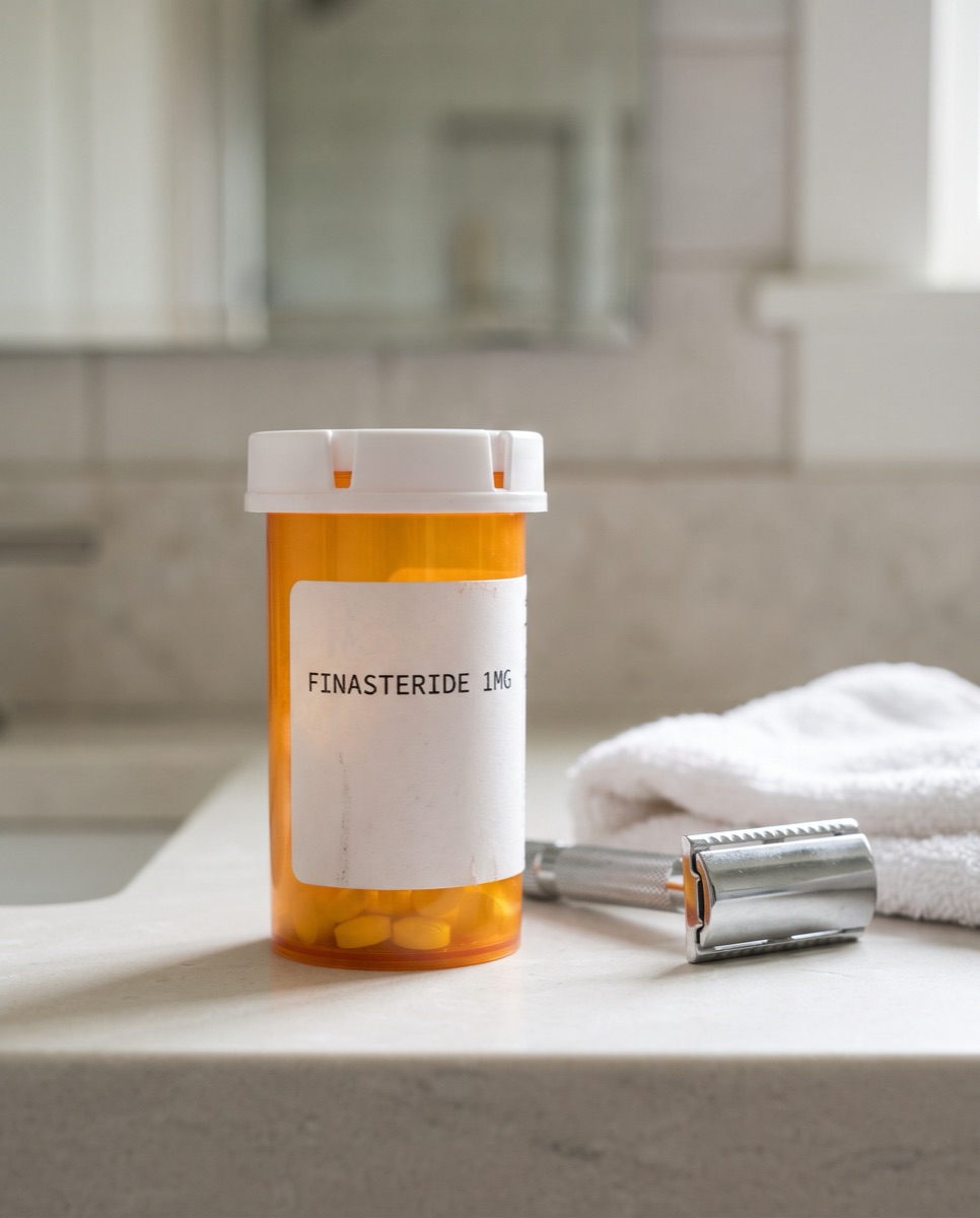 Finasteride 1mg prescription bottle on a bathroom counter