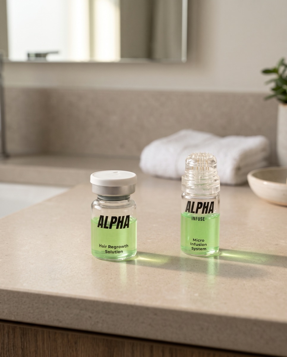 AlphaInfuse serum and micro-infusion device on a bathroom counter