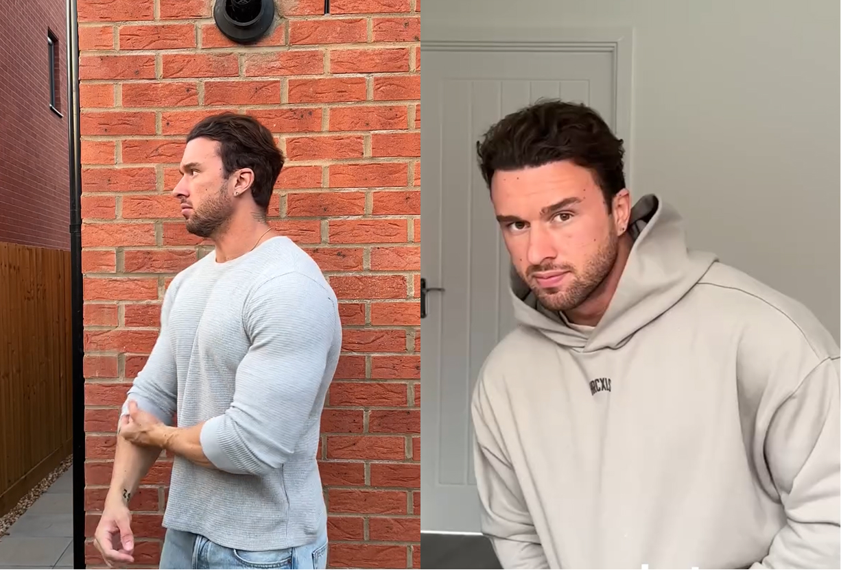 Man in gray sweater outdoors, man in hoodie indoors.