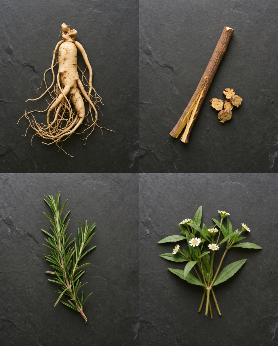Panax ginseng, licorice root, rosemary and eclipta prostrata