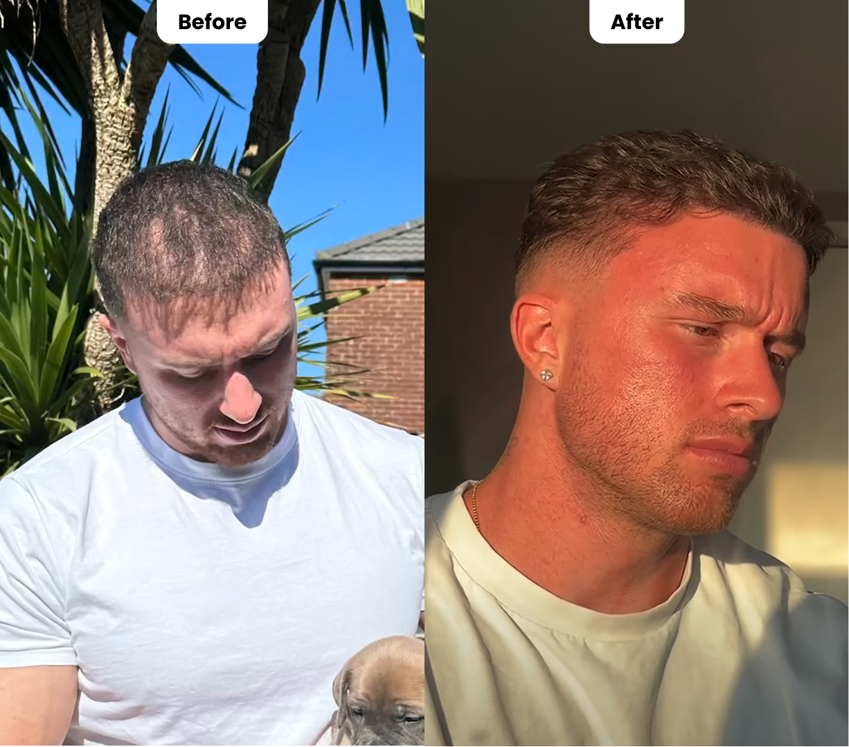 Before and after photos of a man with different hairstyles.