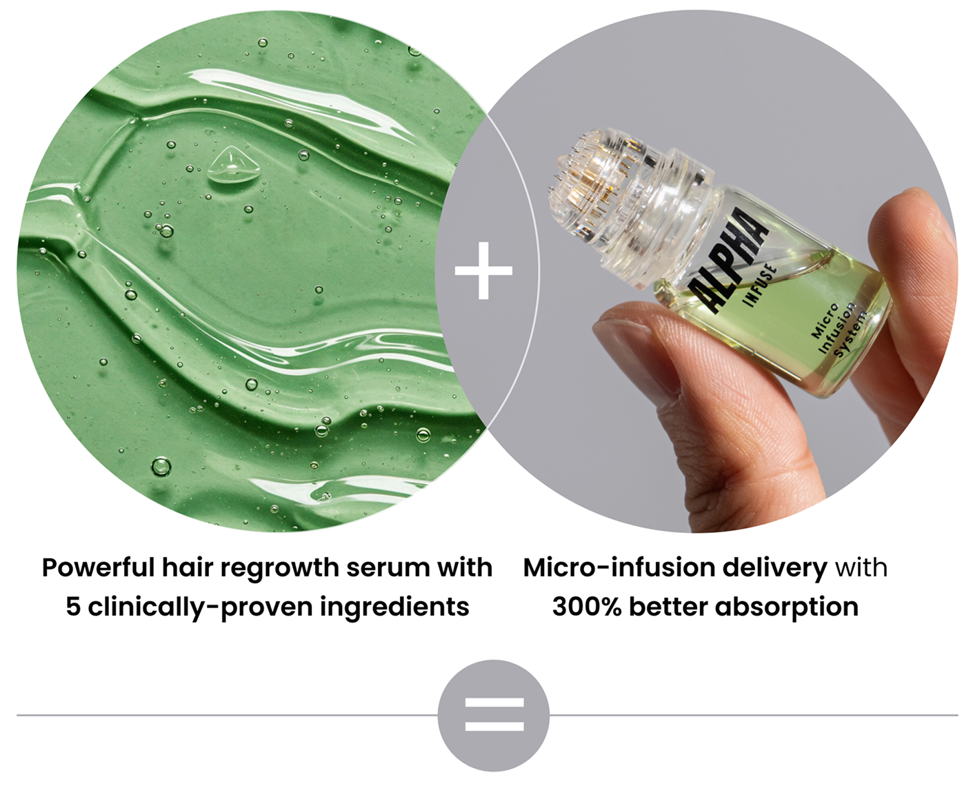 Image of a green gel texture and a hand holding a small bottle labeled 'Alpha' with text descriptions.