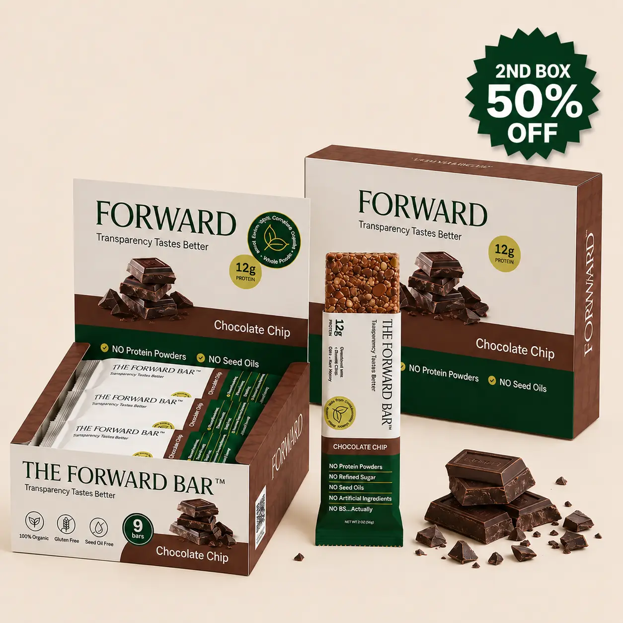 Two boxes of Forward chocolate chip protein bars, with one unwrapped bar and pieces of chocolate.