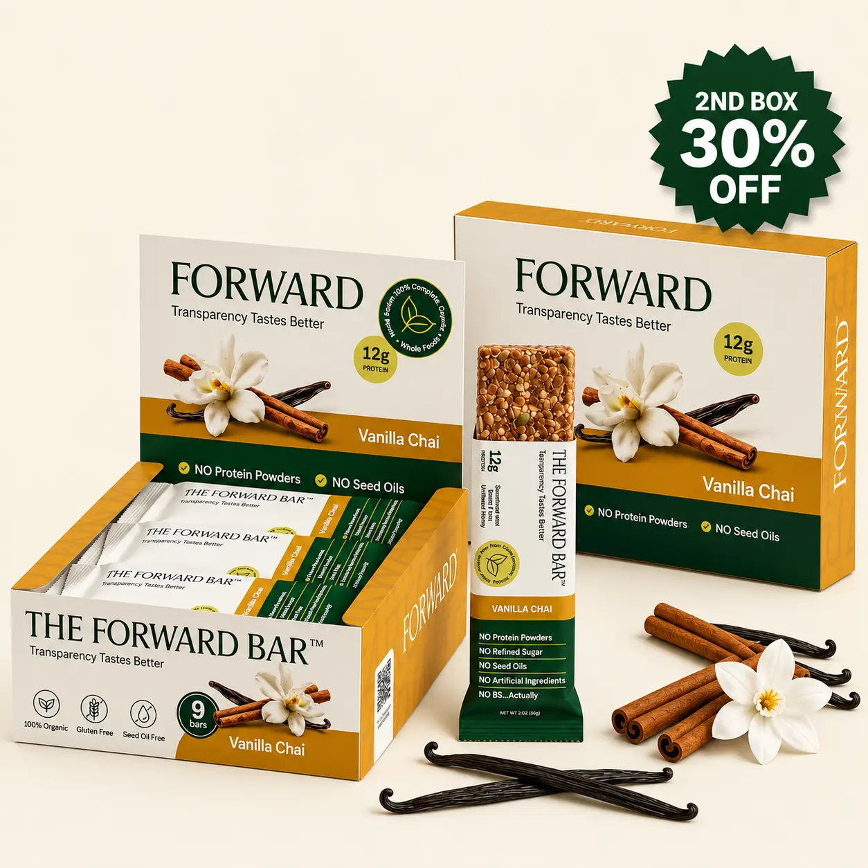 Boxes and individual Forward Bars in Vanilla Chai flavor, surrounded by vanilla beans and cinnamon sticks.