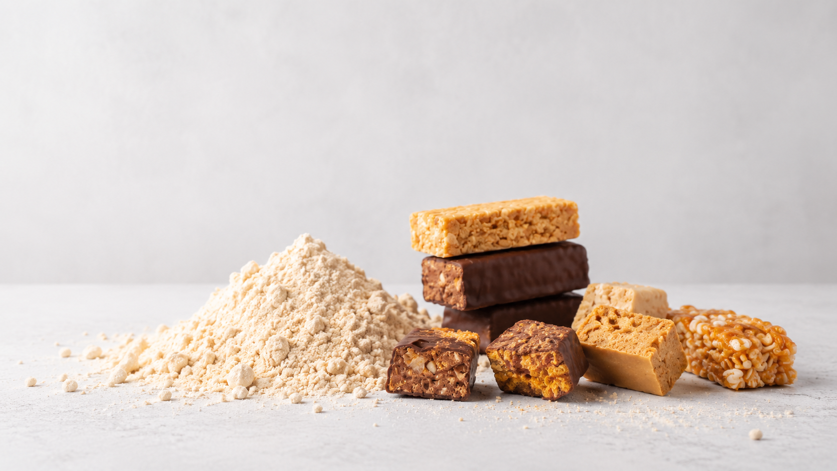 A pile of protein powder next to various stacked and cut protein bars on a light surface.