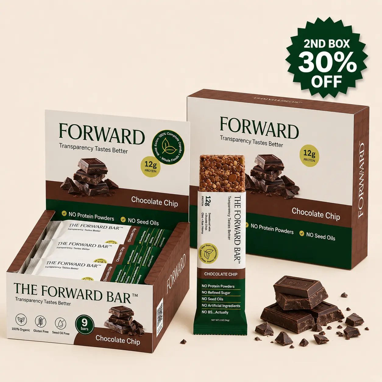 Boxes of Forward Bar Chocolate Chip protein bars, with one unwrapped bar and chunks of chocolate.