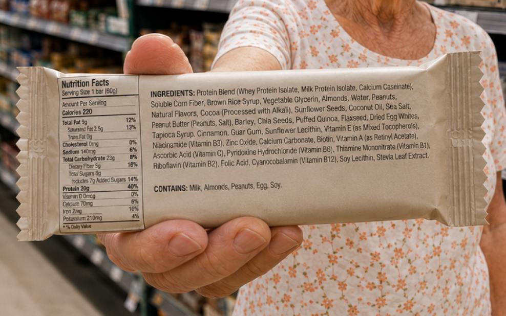 A person holds up a protein bar, showing the nutrition facts and ingredients on the back of the package.