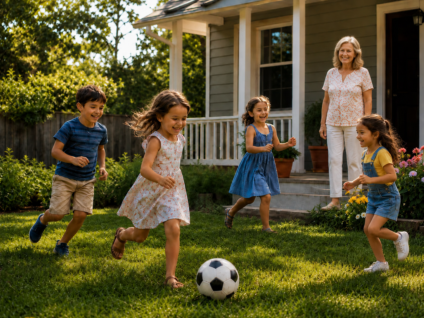 A woman watches four smiling children run and play with a soccer ball in a grassy yard.