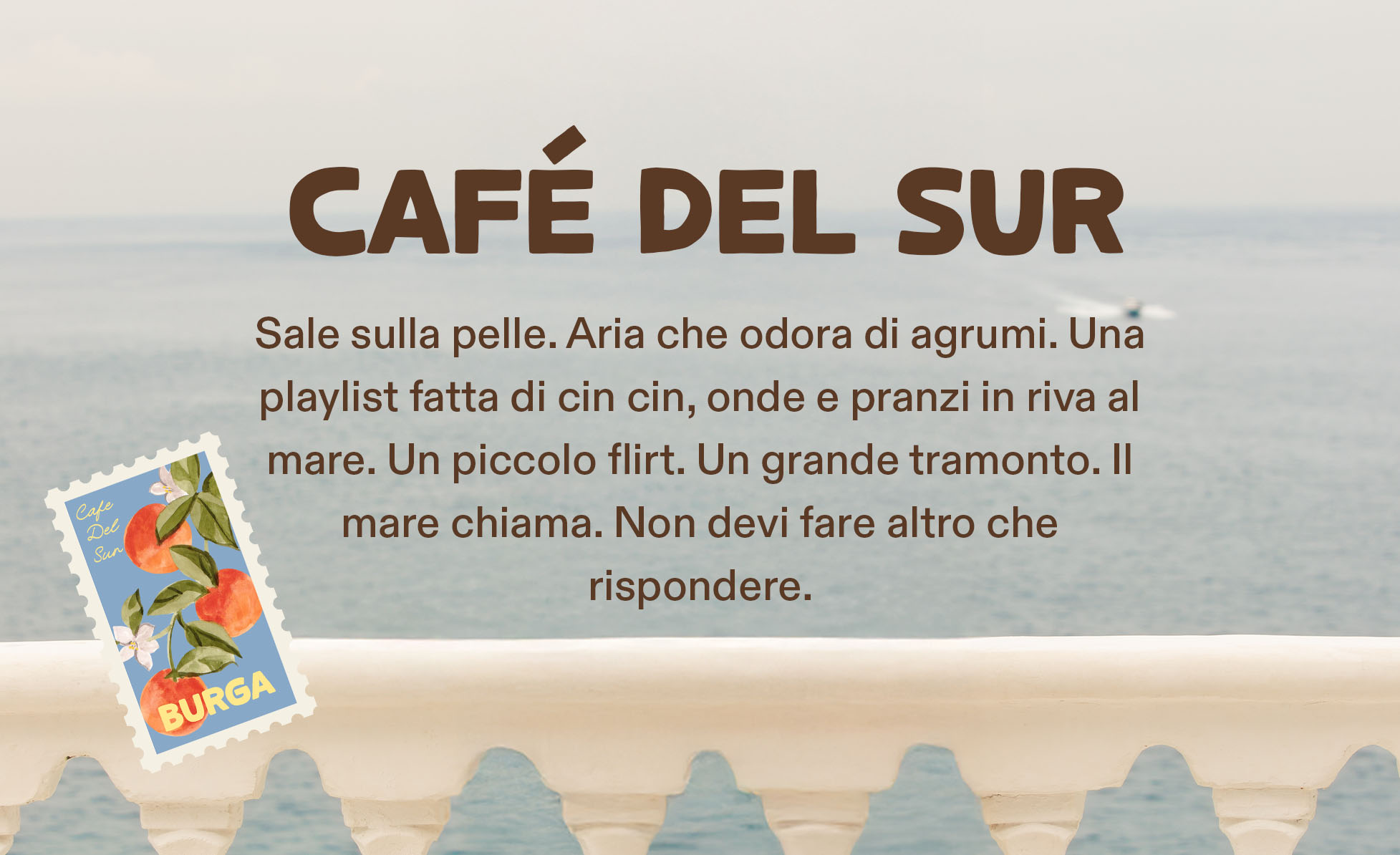 Text overlay on a sea background with a small fruit illustration.